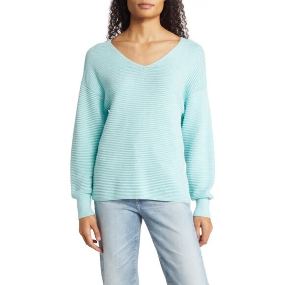 Tommy Bahama Womens Aqua Bonito Sequined Ribbed V-Neck Sweater XL Coastal - Picture 2 of 10